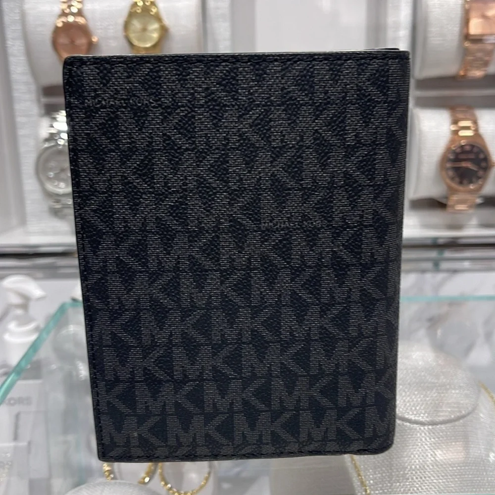Michael Kors Jet Set Travel Md Embellished Signature Logo Passport Case Black